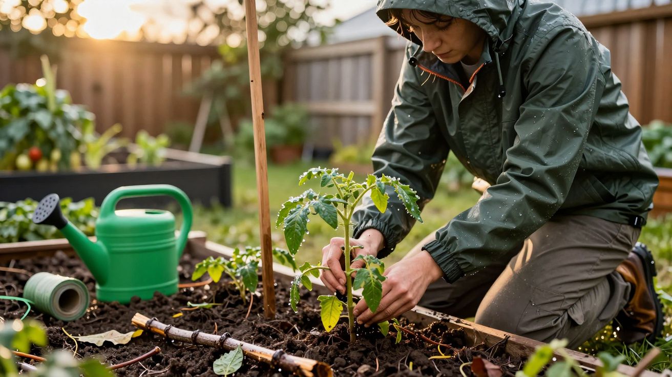 Pessoa com jaqueta verde cuidando de muda em canteiro de terra úmida durante entardecer.