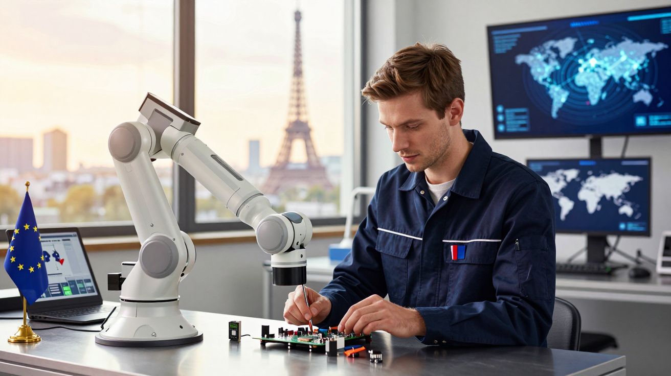 Homem jovem consertando placa eletrônica com braço robótico, Torre Eiffel e mapas em fundo de laboratório.