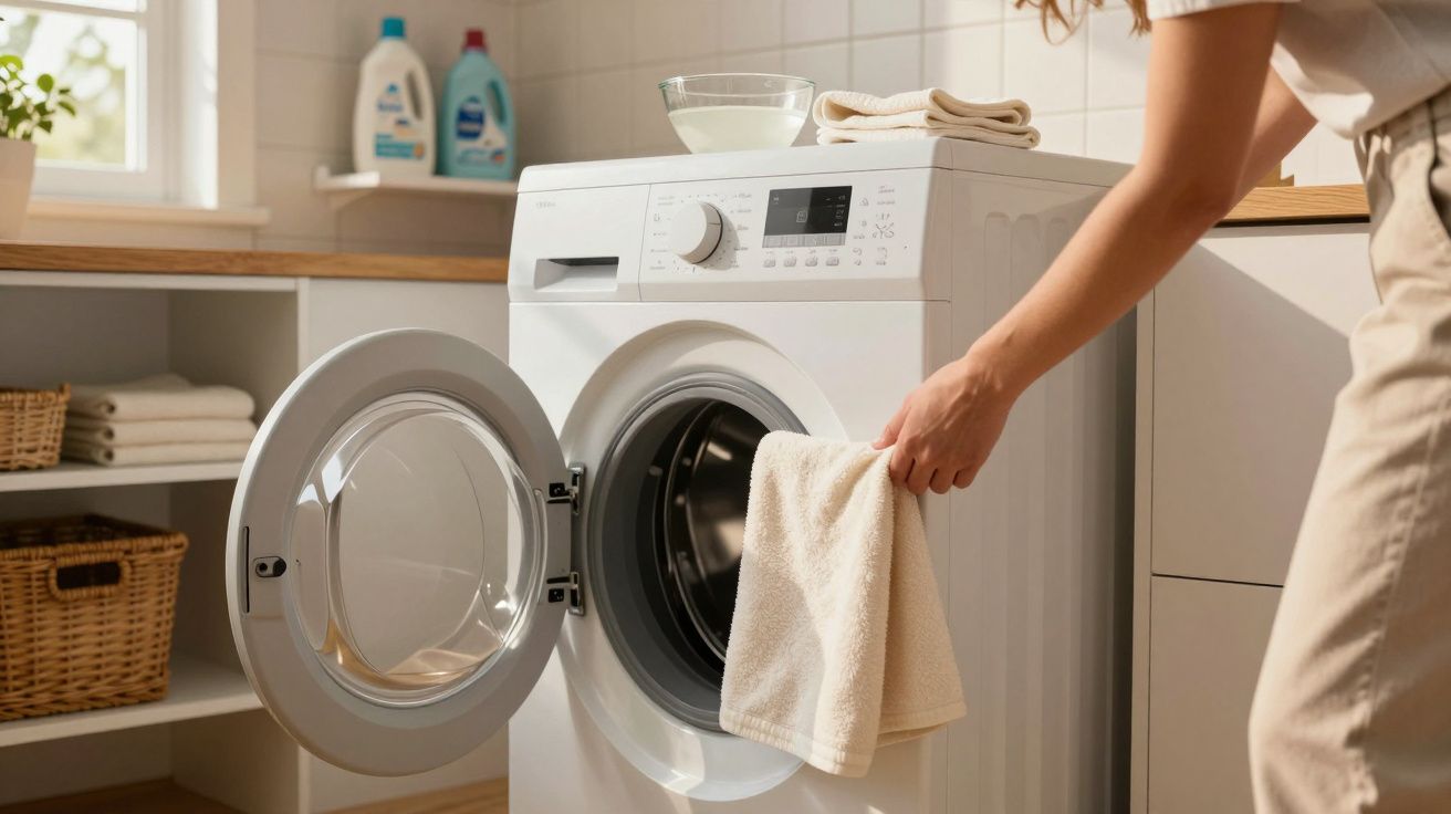 Pessoa retirando toalha branca da máquina de lavar roupa em lavanderia iluminada e organizada.