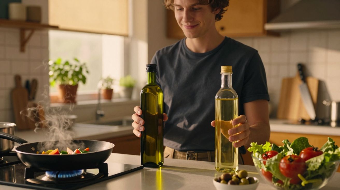 Pessoa sorrindo segura garrafas de azeite na cozinha enquanto prepara legumes em frigideira no fogão a gás.
