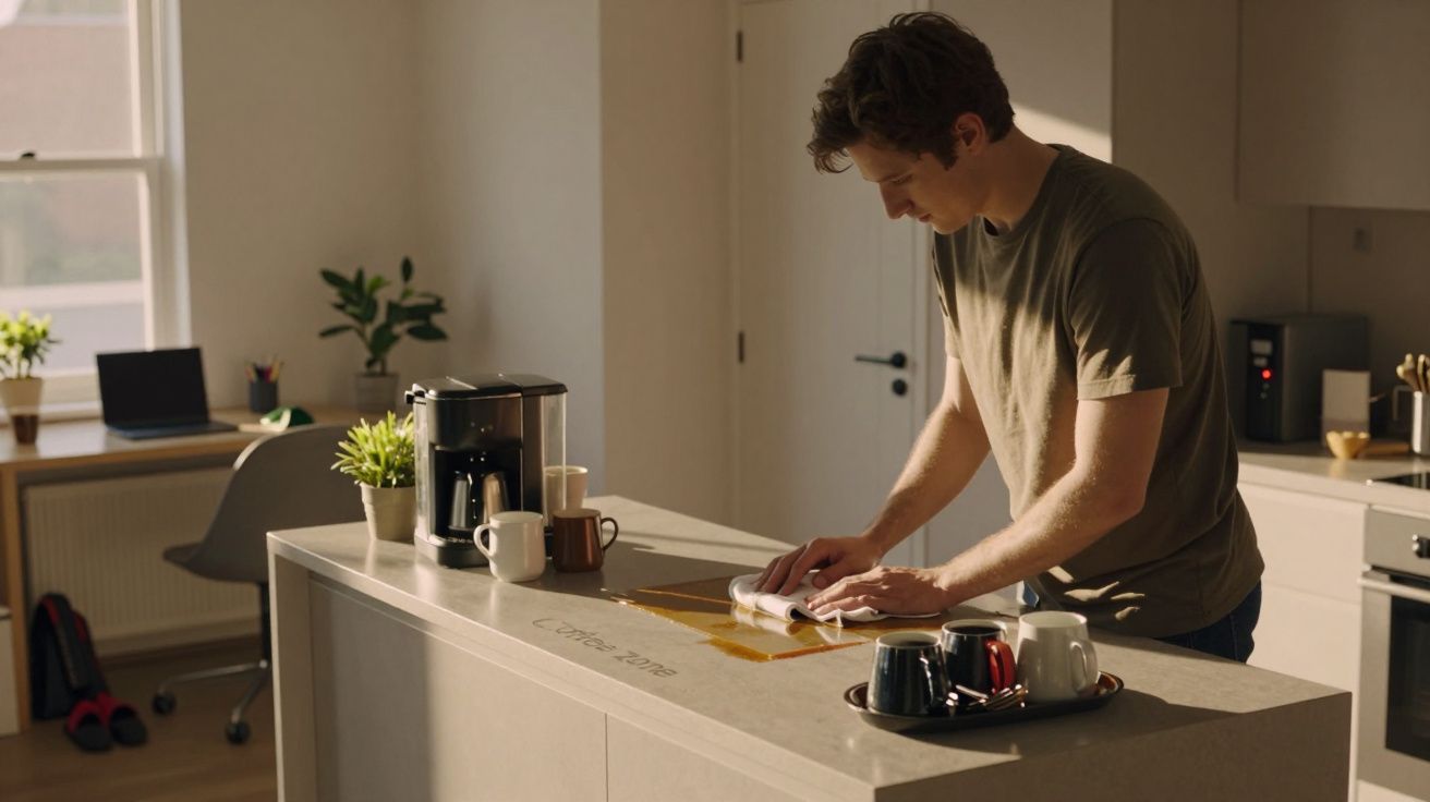 Homem limpando café derramado na bancada da cozinha moderna iluminada pela luz do dia.