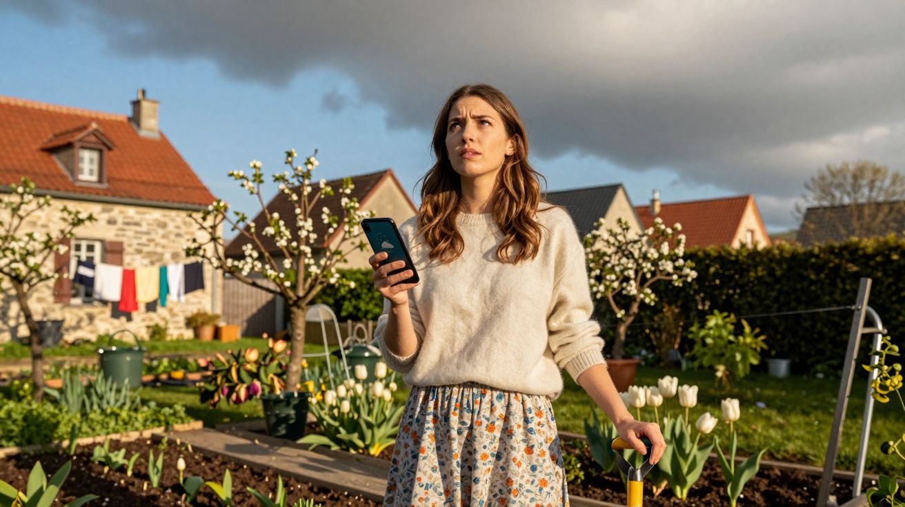 Mulher jovem em jardim com celular na mão e ferramentas de jardinagem, casas ao fundo sob céu nublado.