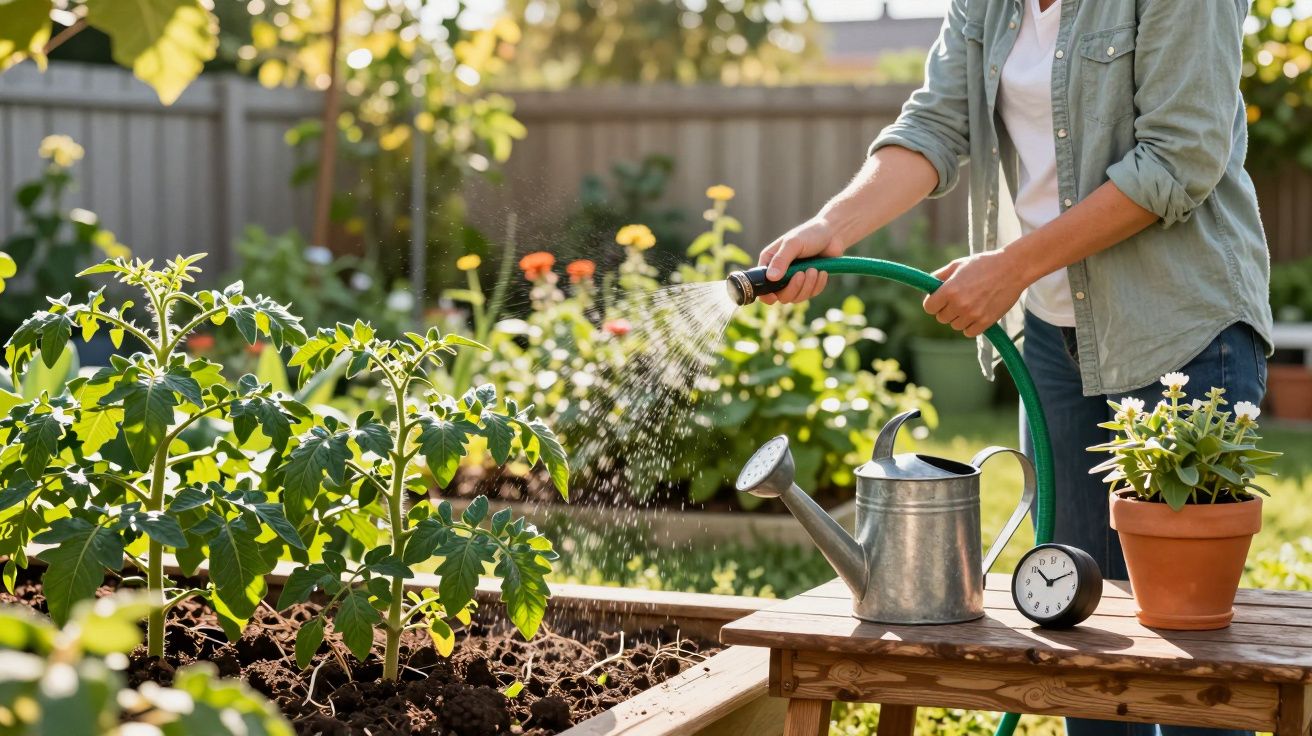Pessoa regando plantas em jardim com mangueira, regador, vaso de flores e relógio em mesa de madeira.