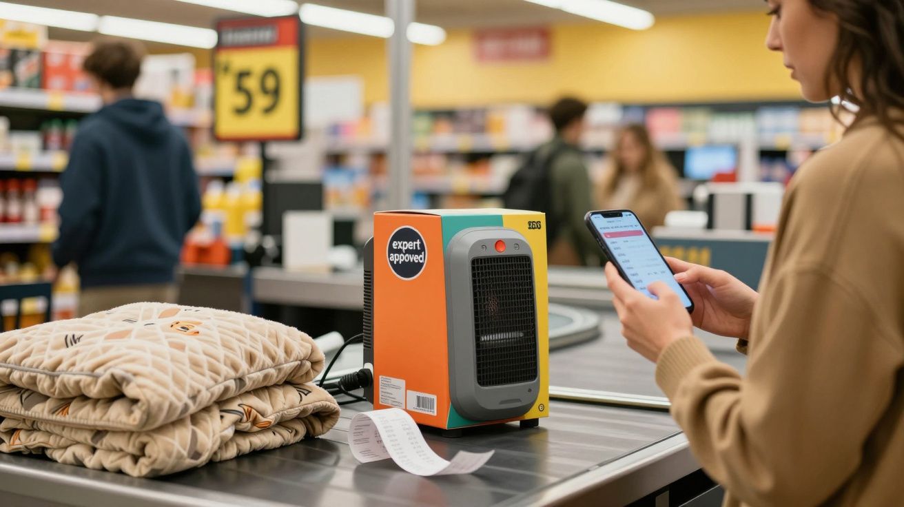 Mulher segura smartphone ao lado de aquecedor portátil e roupas dobradas em supermercado.