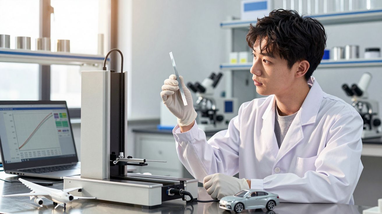 Pesquisador em jaleco analisa dispositivo em laboratório com laptop e modelos de avião e carro sobre a mesa.