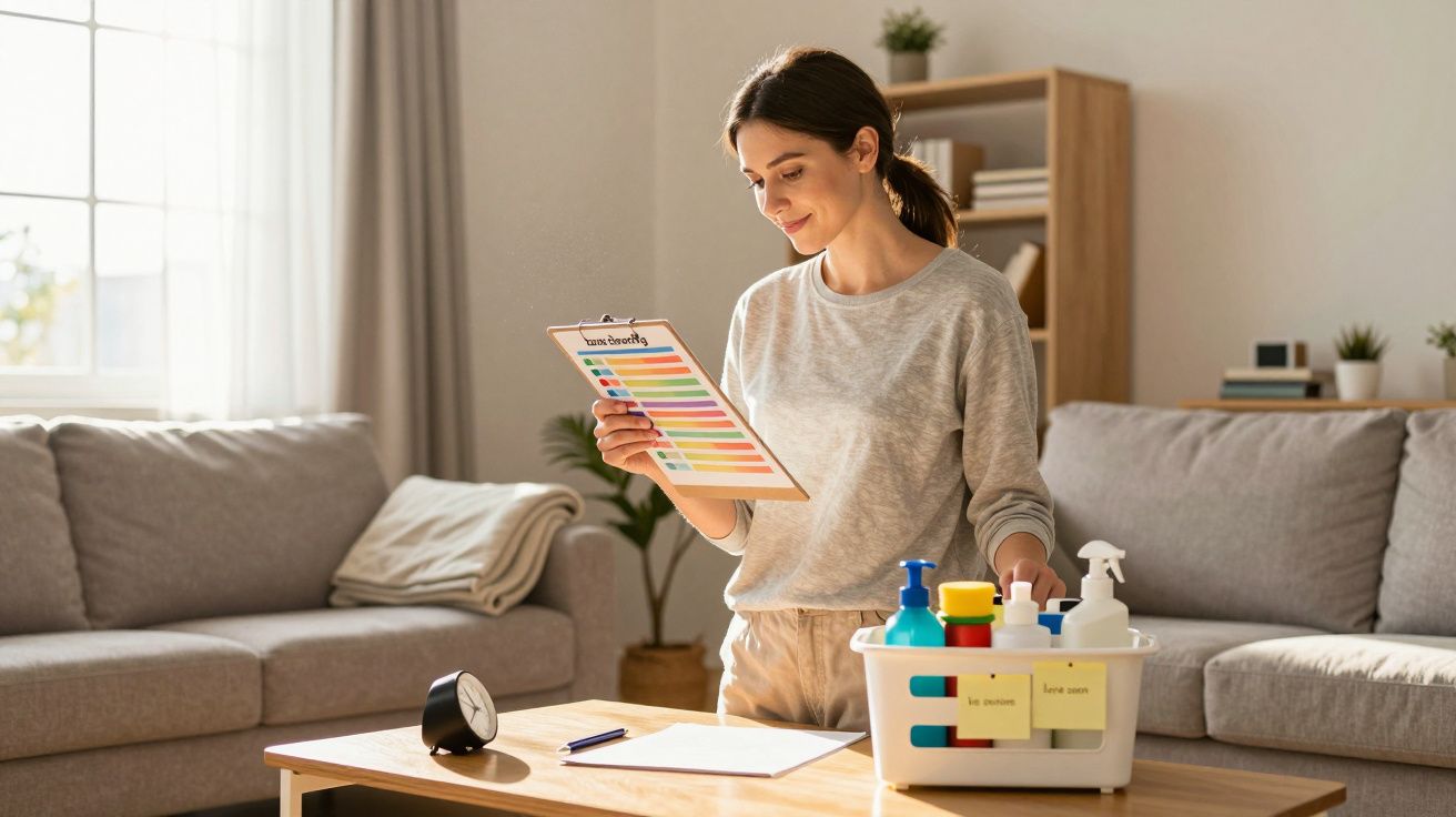 Mulher sorridente segurando uma lista de tarefas, ao lado de produtos de limpeza em sala iluminada.