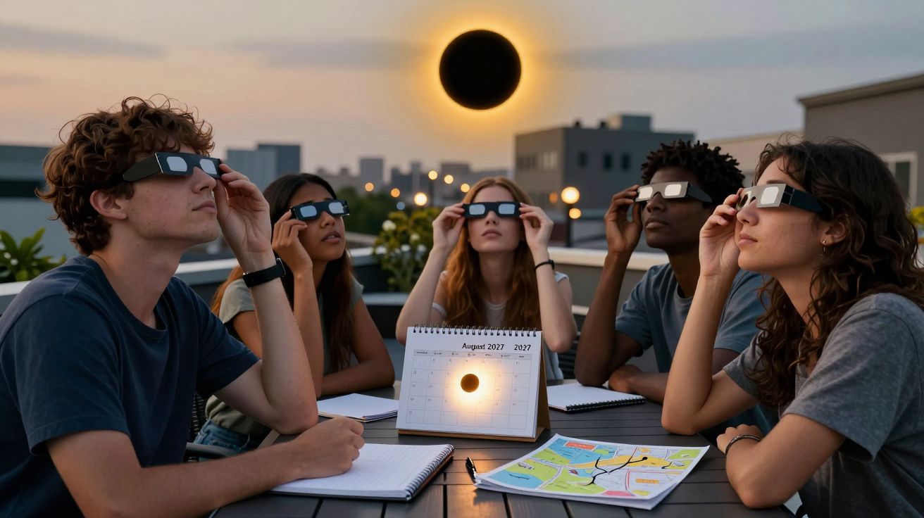 Cinco jovens observam um eclipse solar usando óculos especiais em um terraço ao entardecer.