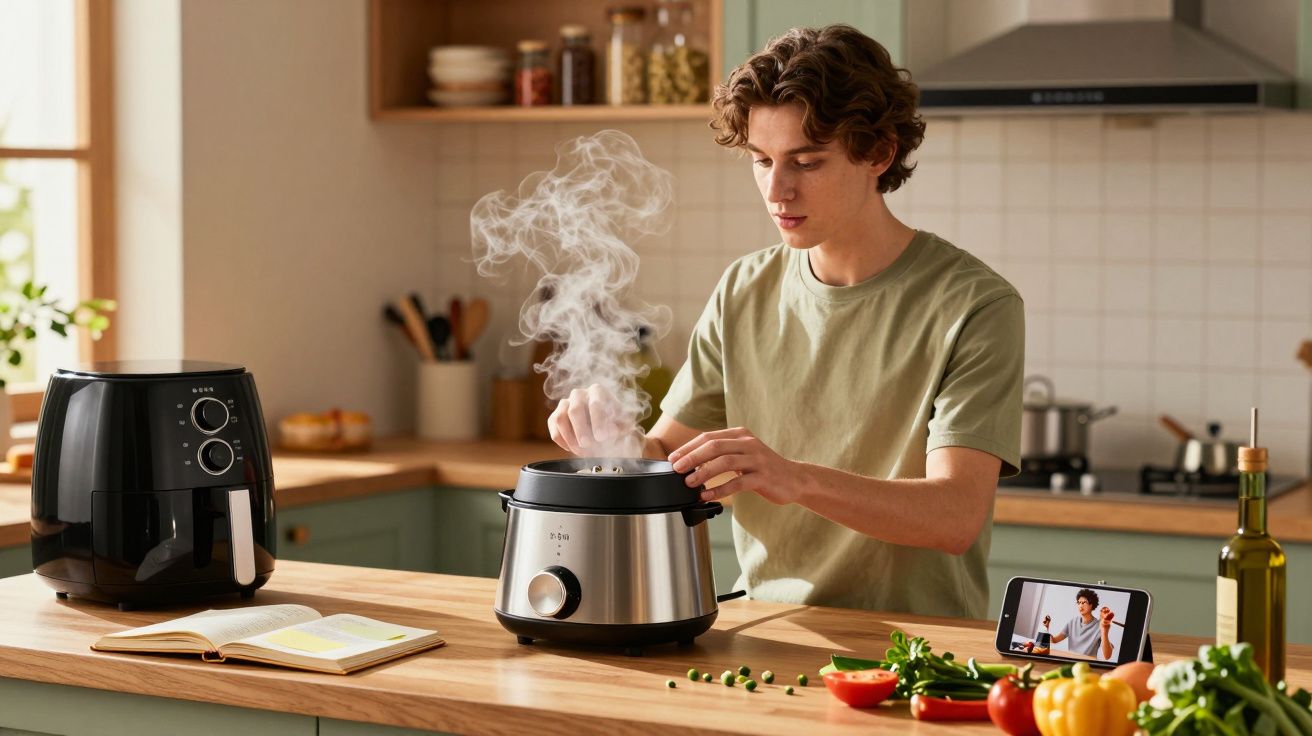 Jovem cozinha usando panela elétrica enquanto assiste receita no celular em bancada com legumes e air fryer.
