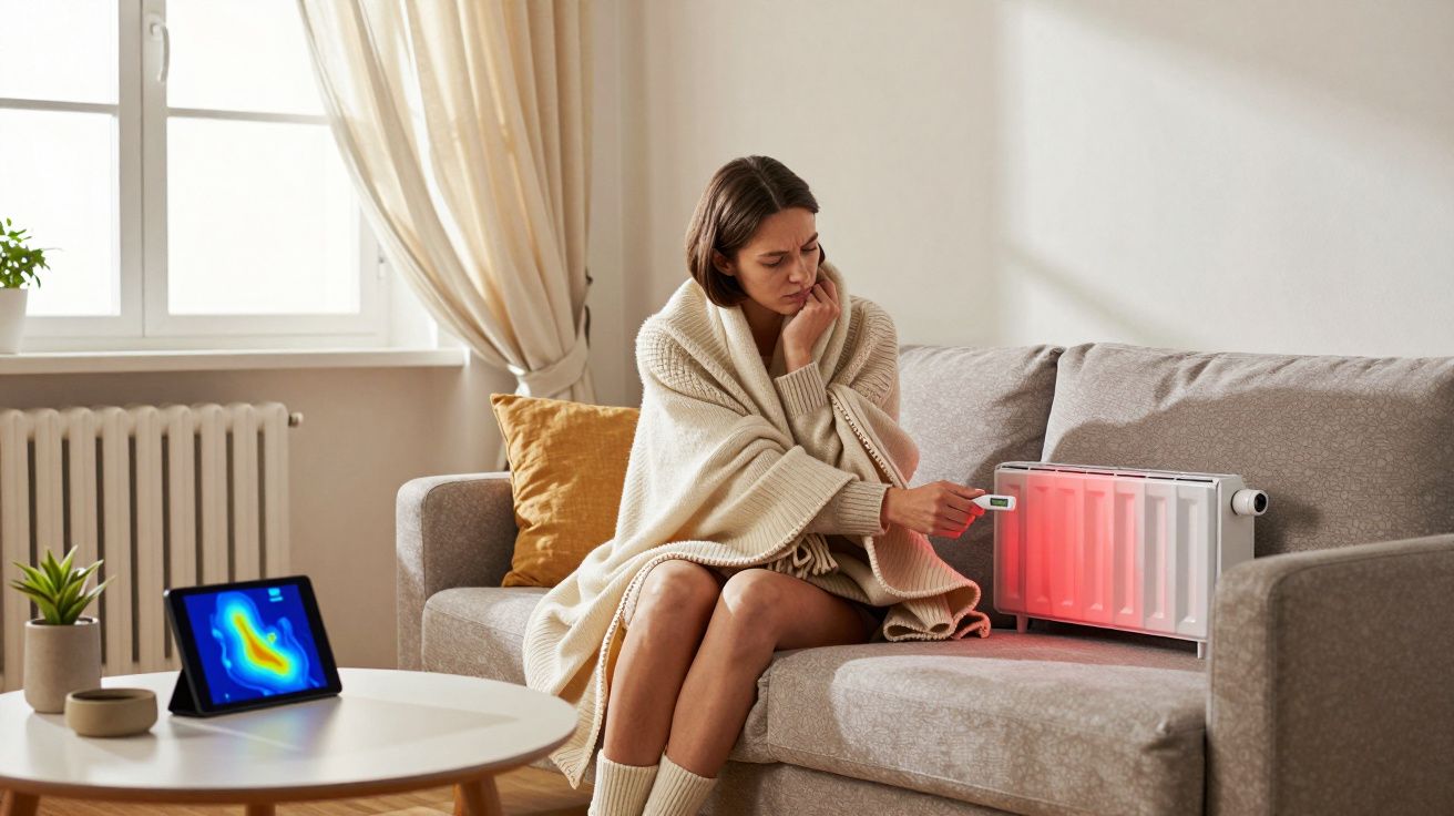 Mulher com manta sentada no sofá ajusta aquecedor elétrico em sala iluminada.