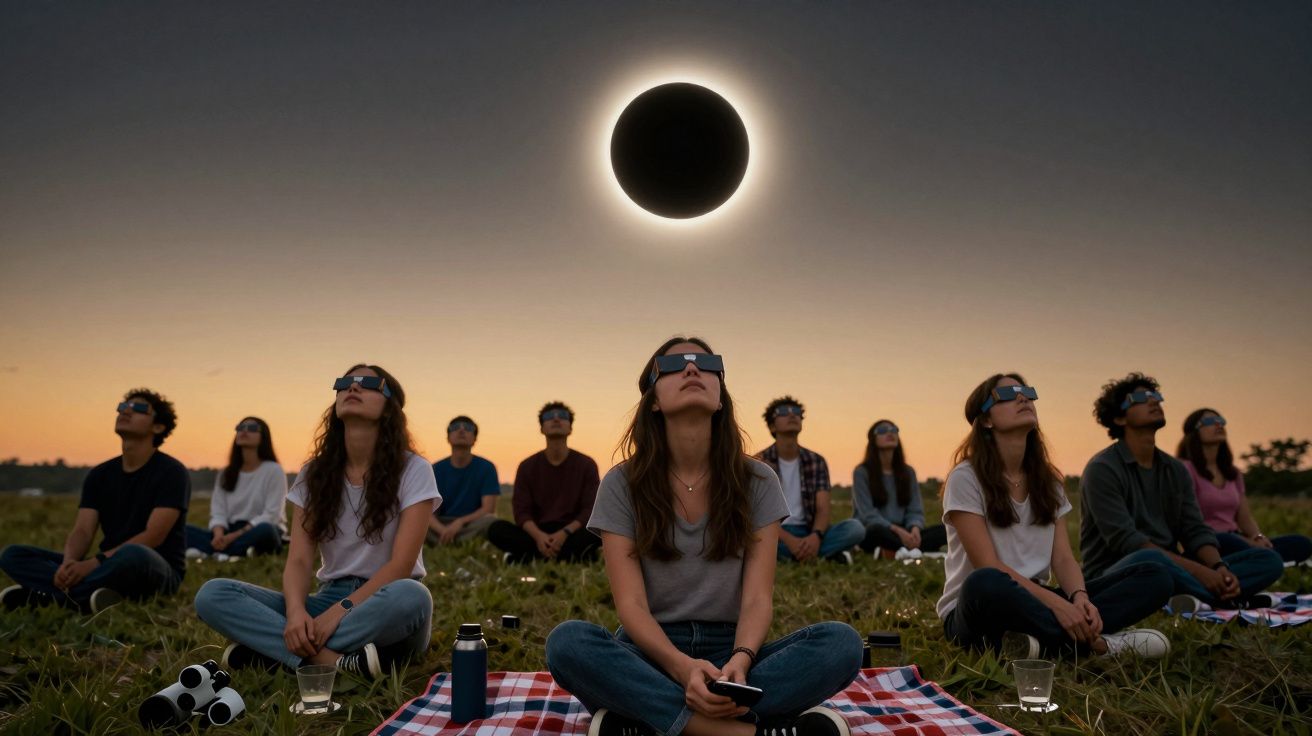 Pessoas sentadas em campo observando com óculos especiais um eclipse solar ao pôr do sol.