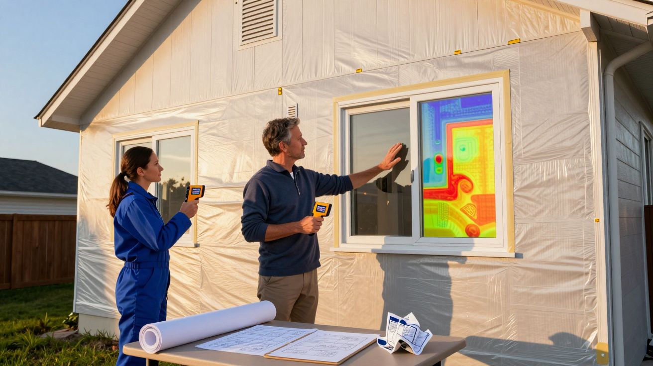 Dois profissionais analisam medição térmica em janela de casa com aparelho de infravermelho e plantas na mesa.