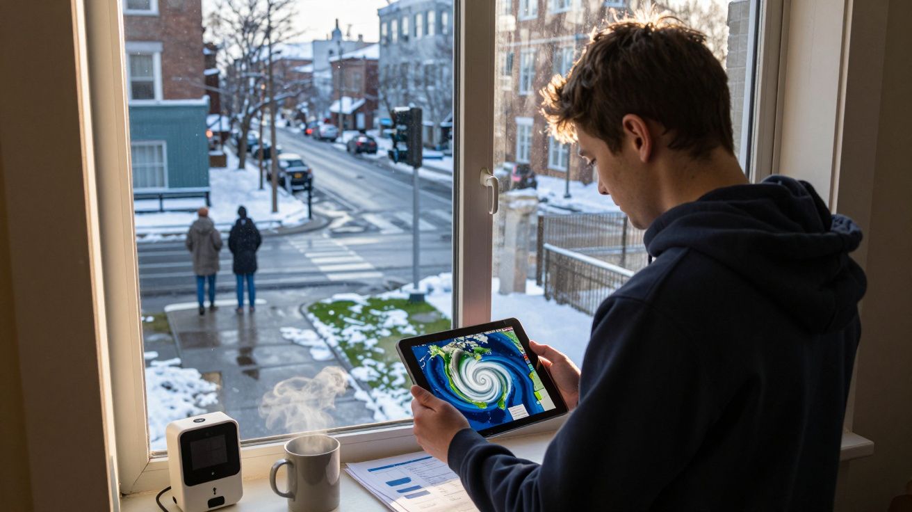 Jovem observa simulação de furacão em tablet próximo a janela com vista para rua nevada.