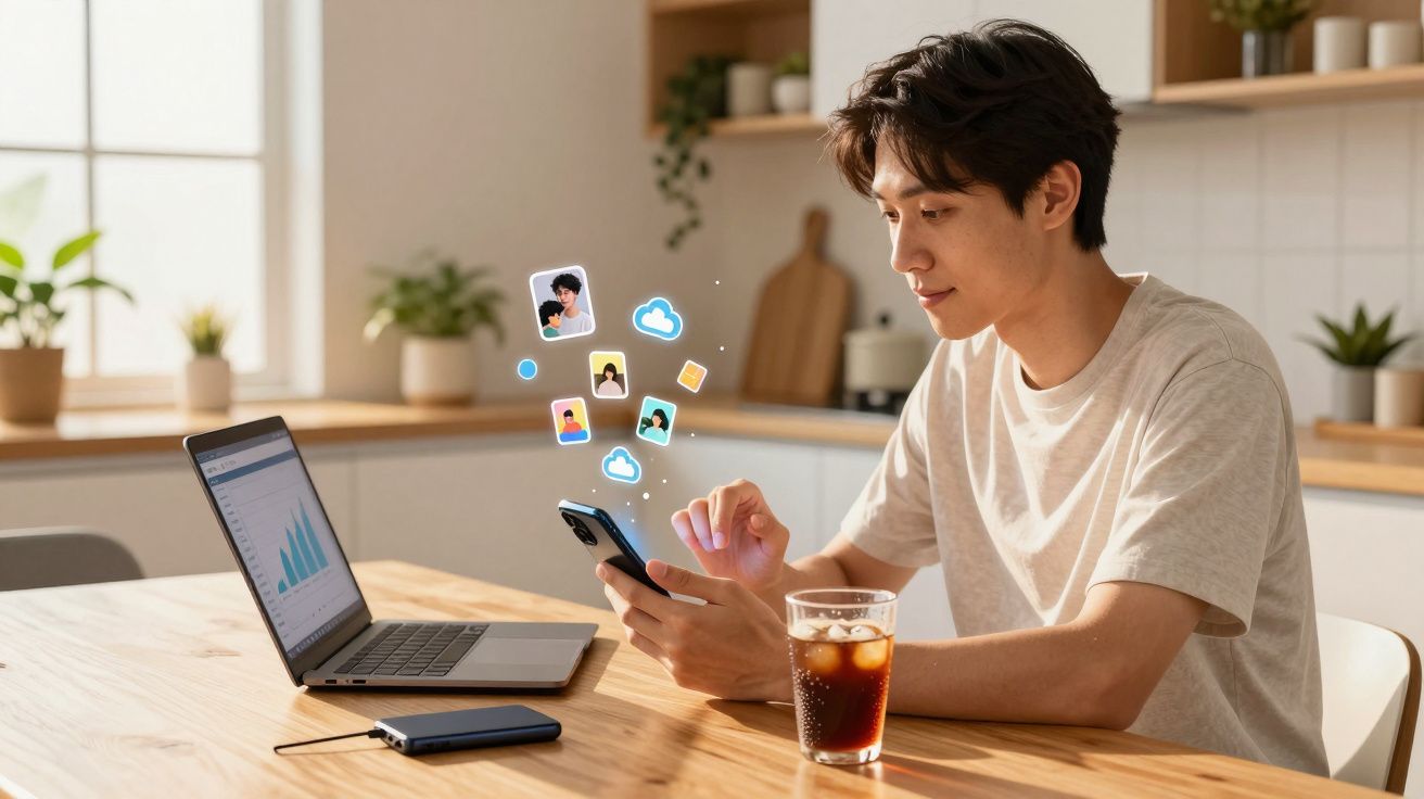 Homem sentado em cozinha usando celular com laptop e copo de refrigerante na mesa iluminada pela luz natural.