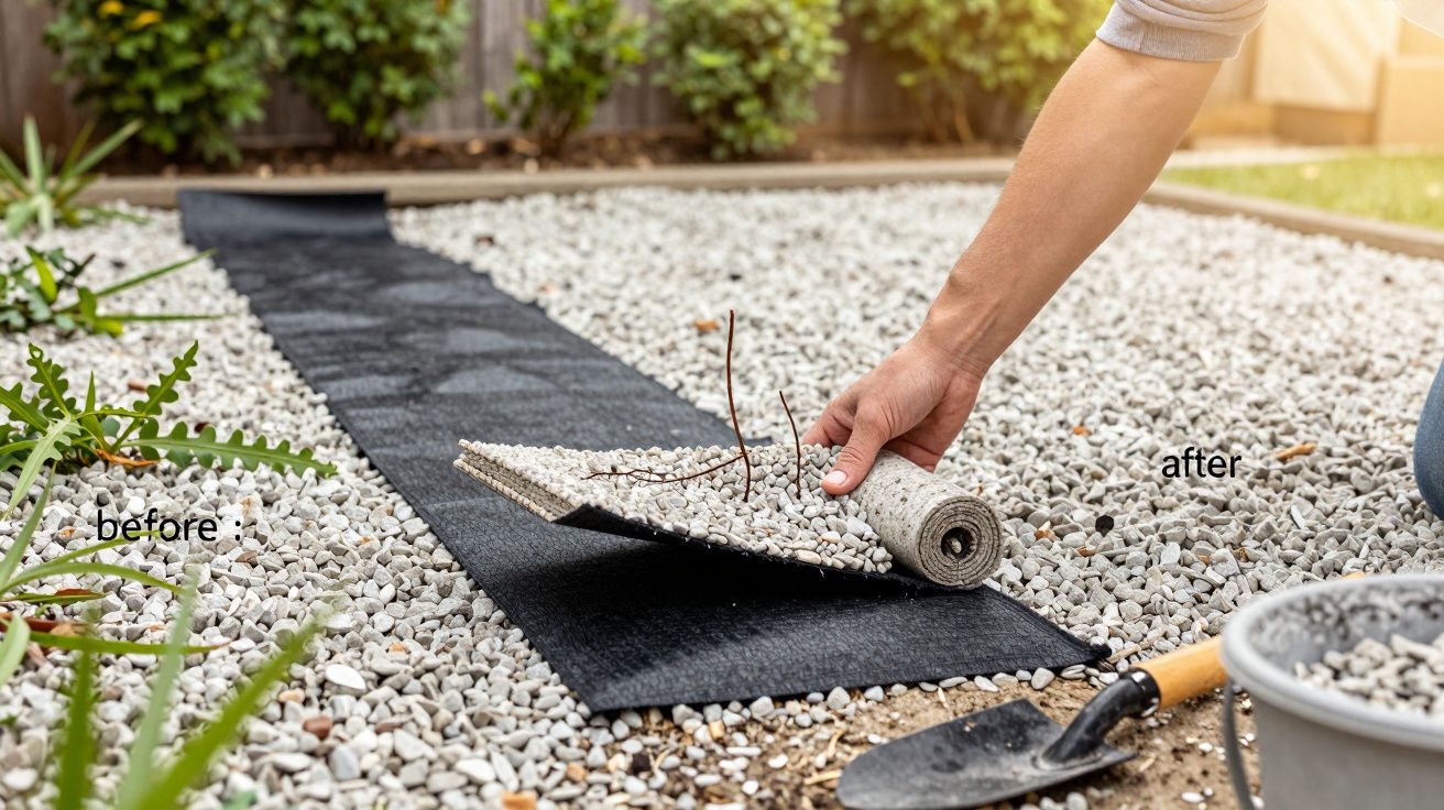 Pessoa instalando tapete para jardinagem sobre pedras brancas em área externa com plantas.