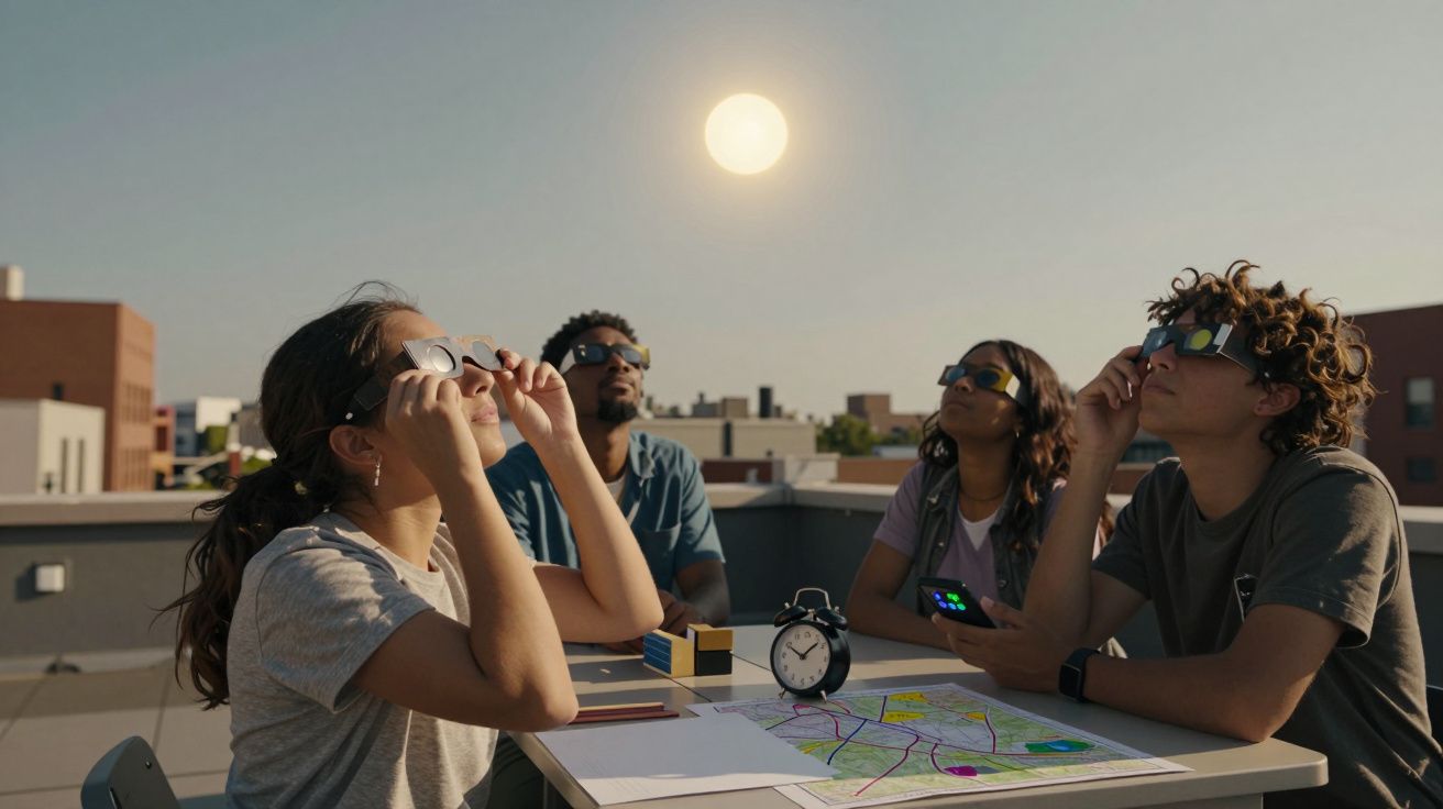 Quatro jovens observam o céu com óculos especiais durante um eclipse solar, sentados em uma mesa com mapas.