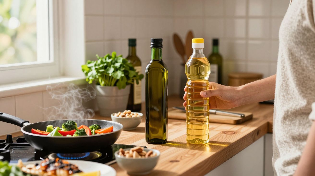 Pessoa segurando garrafa de óleo na cozinha com frigideira e legumes cozinhando no fogão.