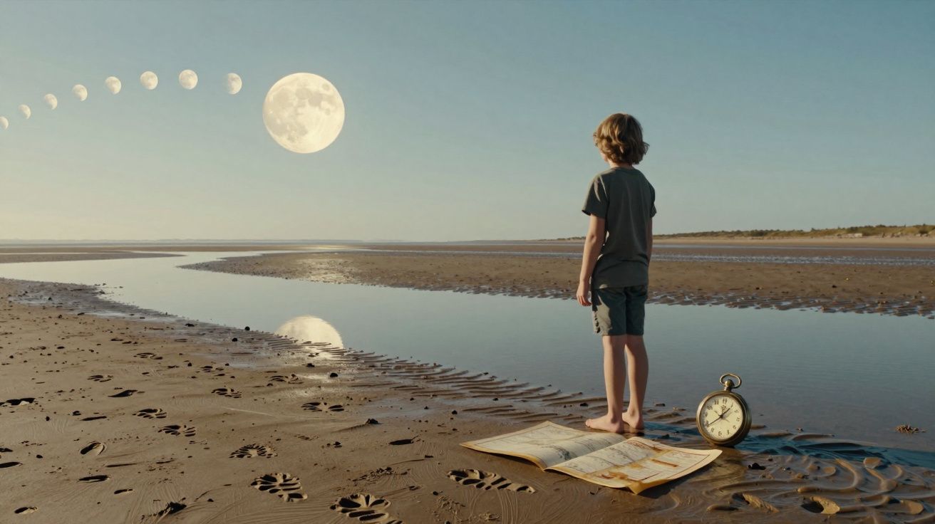 Menino de pé na praia olhando para fases da lua, com livro aberto no chão e relógio antigo ao lado.