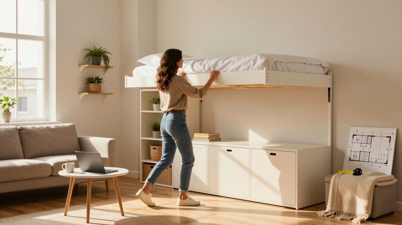 Mulher arrumando cama alta retrátil em sala de estar com sofá, mesa, plantas e iluminação natural.