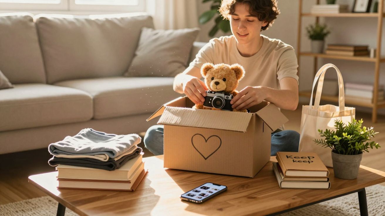 Jovem sentado no chão pegando um urso de pelúcia com câmera dentro de caixa de papelão com coração.