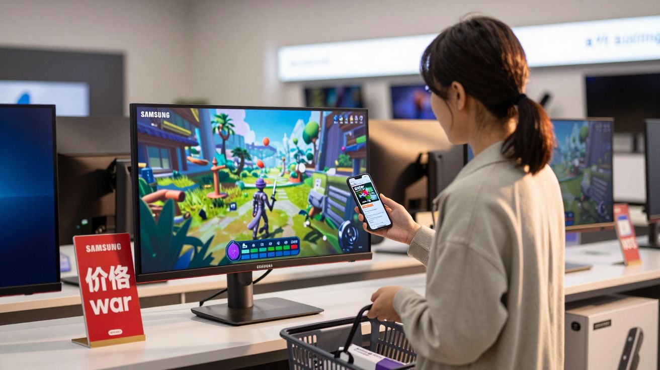 Mulher com cesta olha celular em loja de eletrônicos com monitor Samsung exibindo jogo colorido.