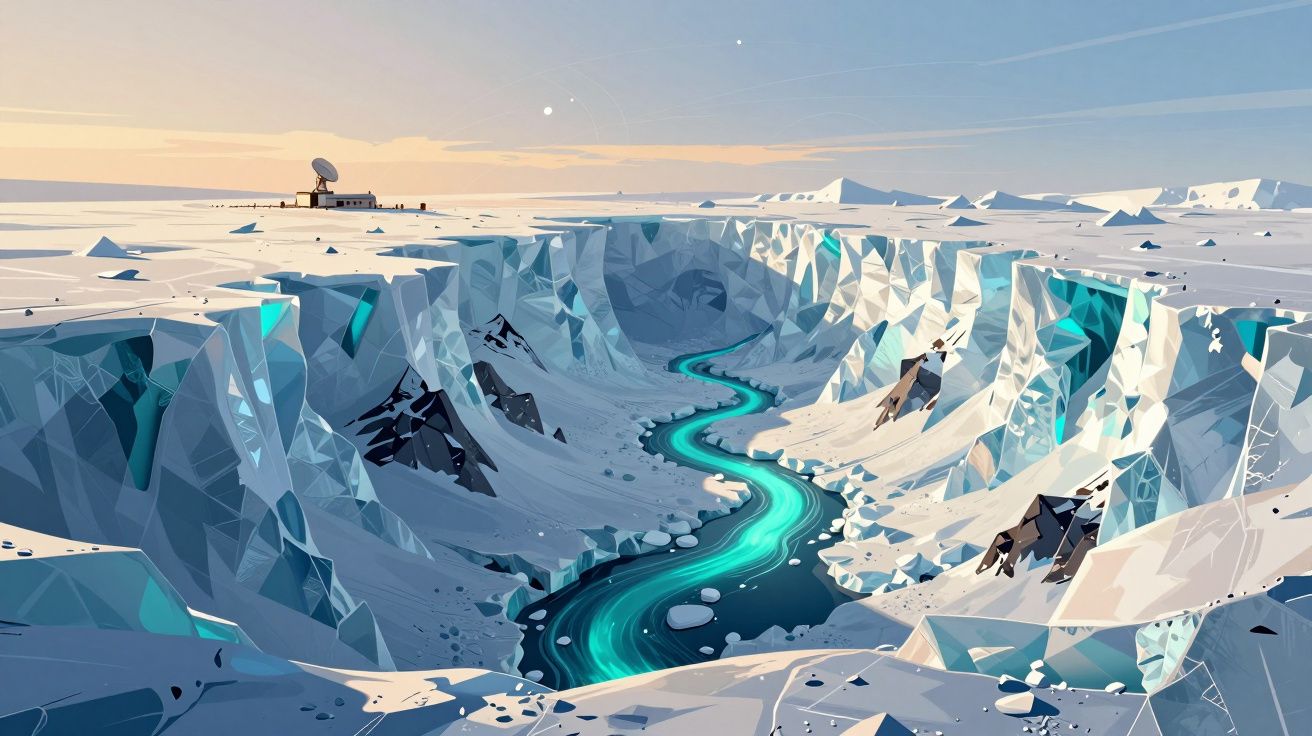 Rio brilhante serpenteando por profunda fenda congelada em paisagem ártica com estação de radar ao fundo.