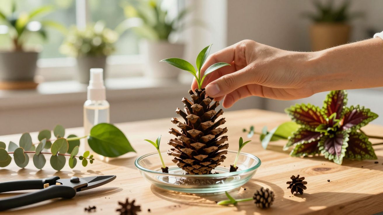 Mão segurando pinha com mudas verdes, sobre prato de vidro, com tesoura e plantas ao redor em mesa de madeira.