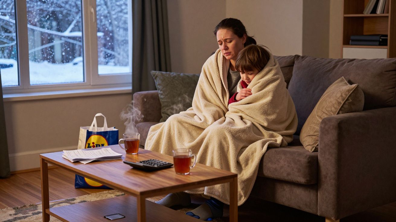 Mãe e filho abraçados e cobertos com um cobertor no sofá, com janela mostrando neve do lado de fora.