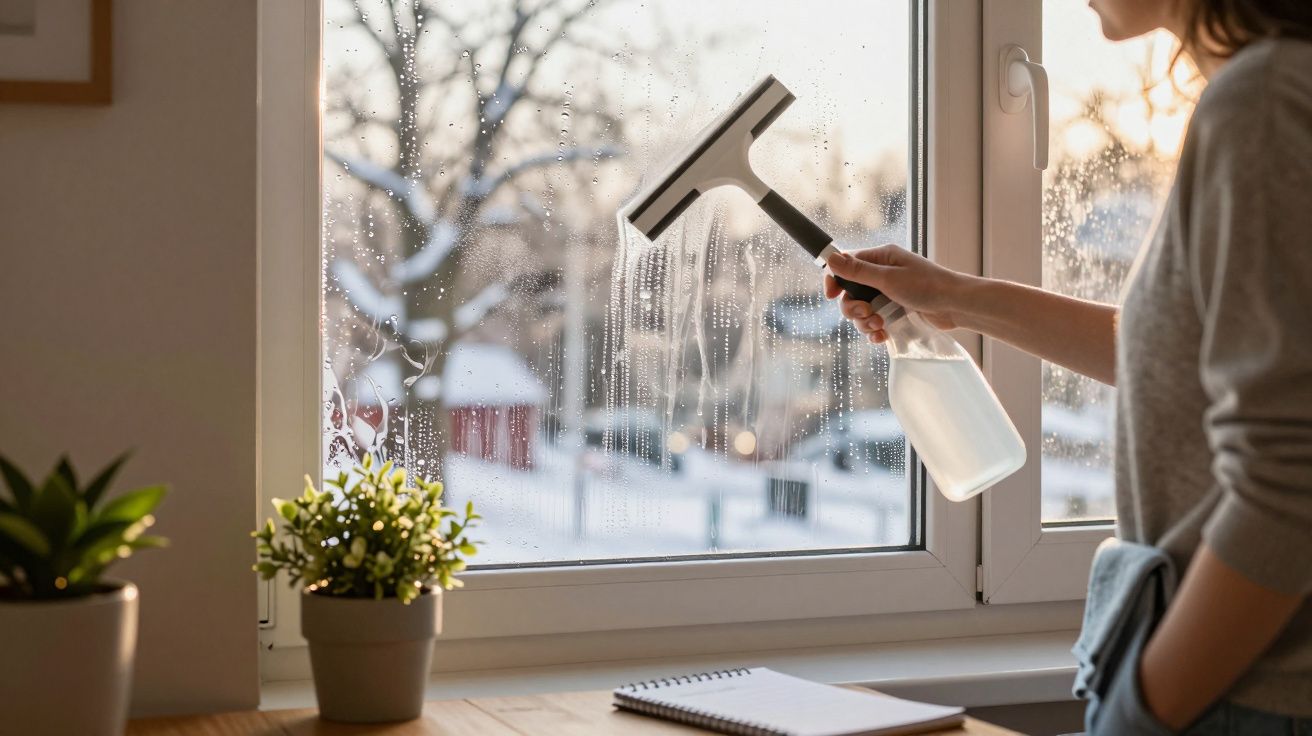 Pessoa limpando janela com rodo e borrifador em ambiente interno durante o dia.