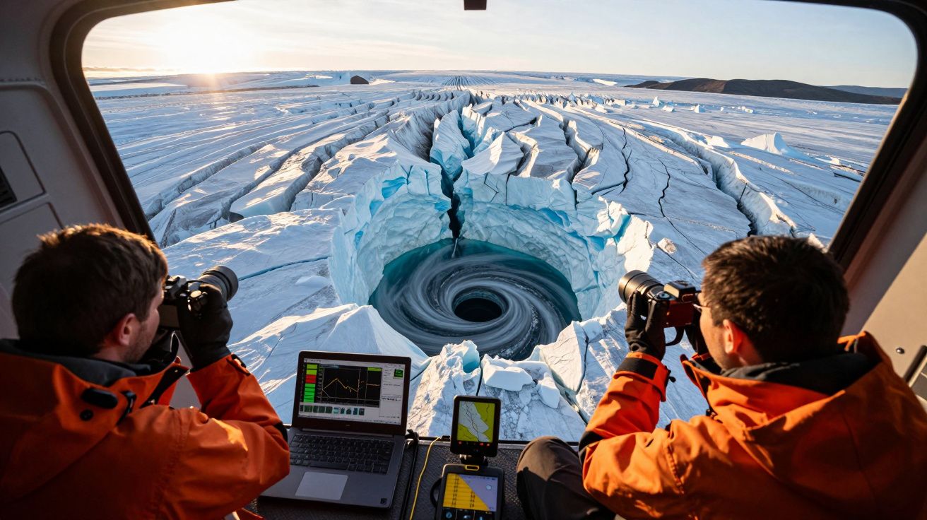 Dois fotógrafos em helicóptero observam e registram redemoinho em geleira congelada durante o pôr do sol.