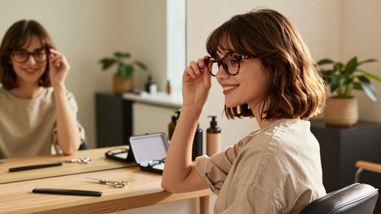 Mulher sorridente experimenta óculos de grau na frente de um espelho em ambiente interno acolhedor.