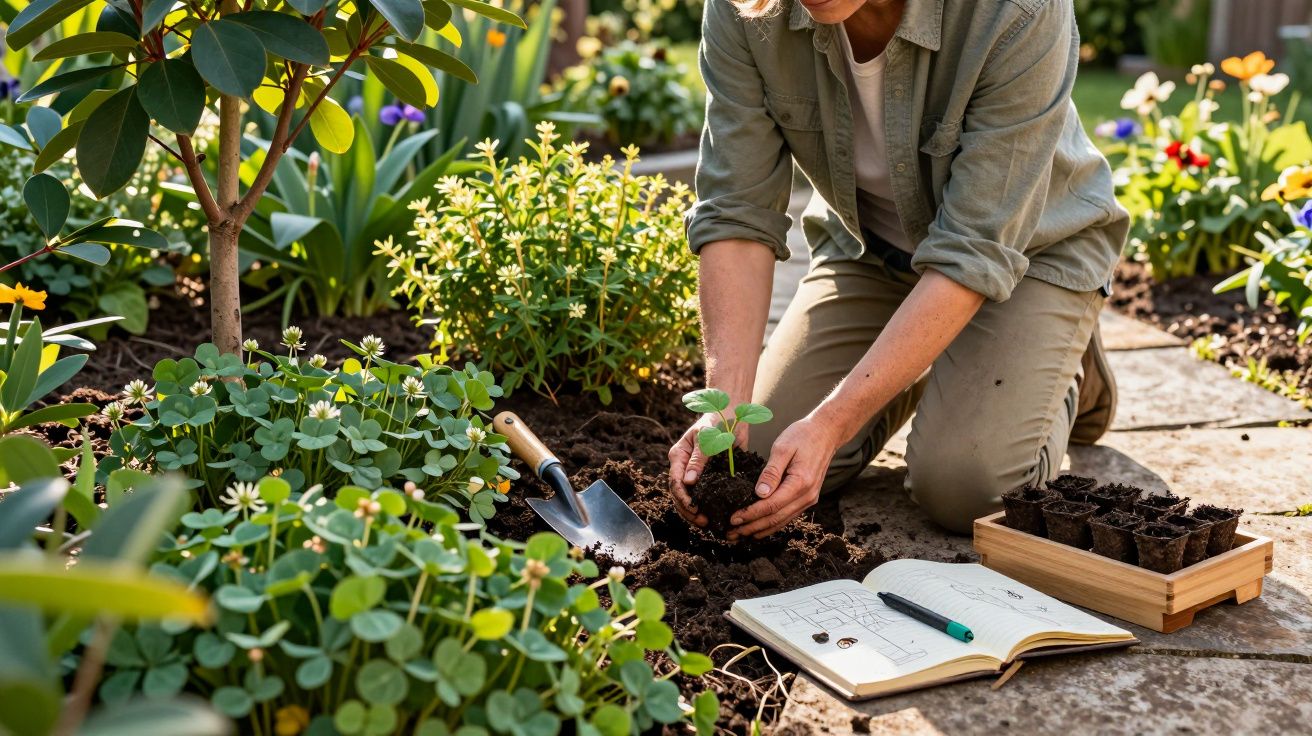 Pessoa plantando muda no jardim ao lado de caderno aberto, enxada pequena e bandeja com mudas.