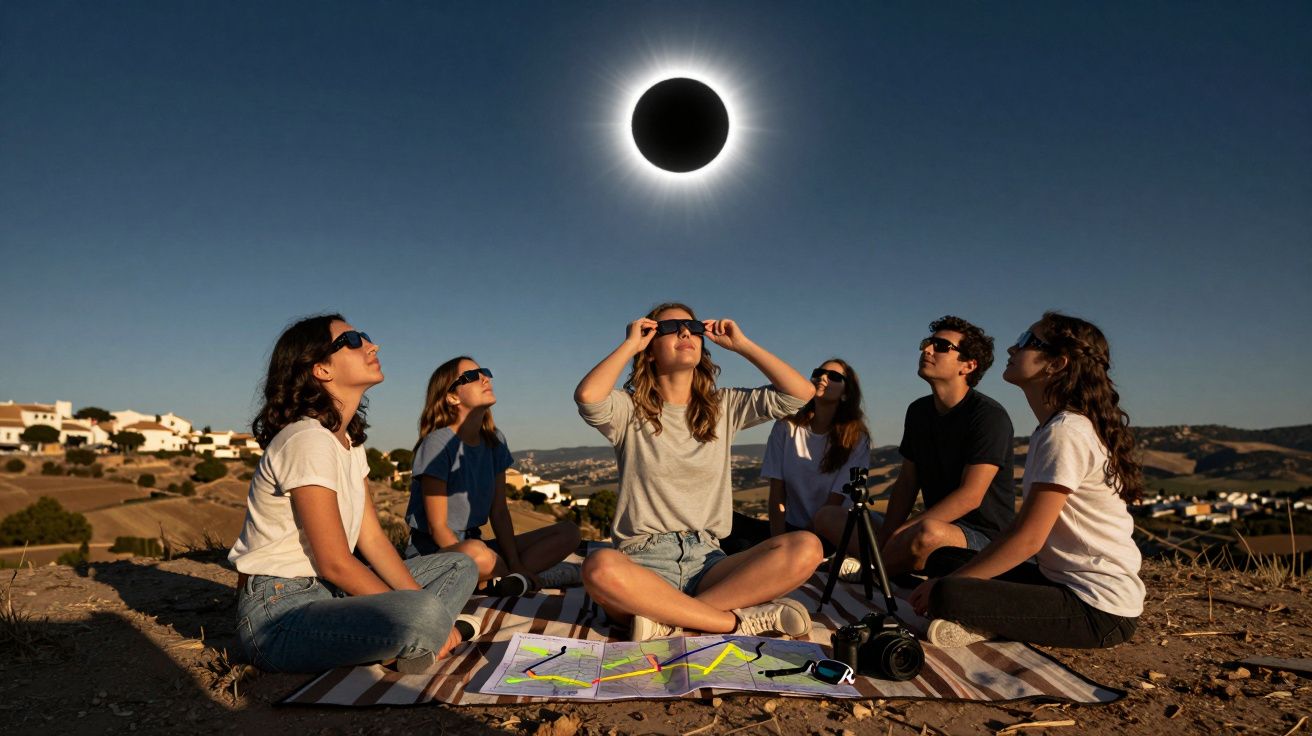 Grupo de pessoas ao ar livre observando eclipse solar com óculos escuros, sentadas em um tapete no chão.