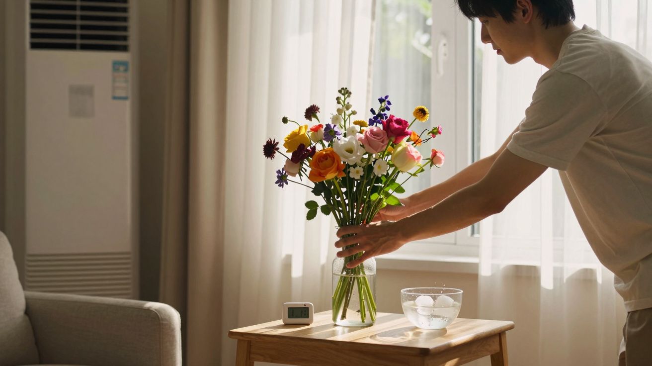 Pessoa organizando um vaso com flores coloridas sobre mesa de madeira próxima a janela com cortina branca.