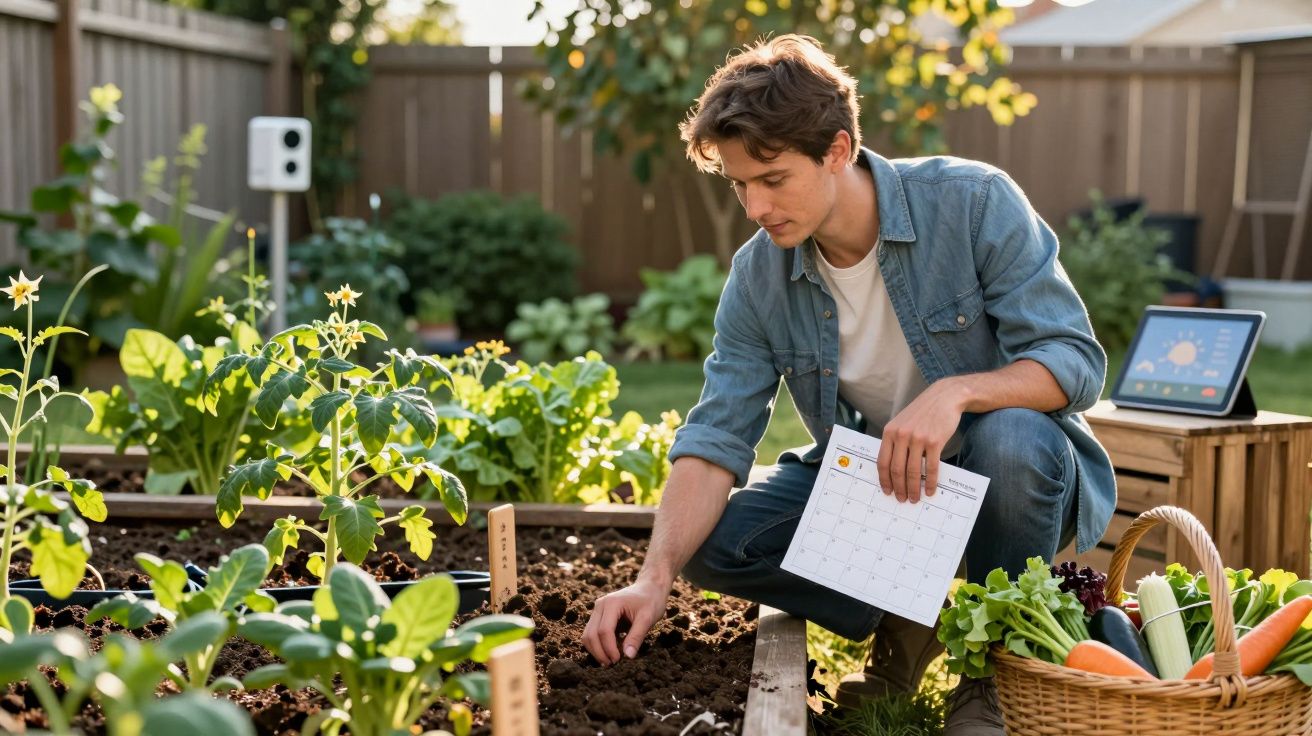 Jovem no jardim cultivando plantas, segurando calendário, com cesta de vegetais ao lado e tablet no fundo.
