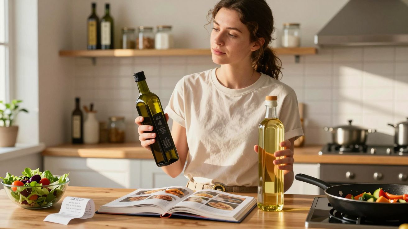 Mulher lendo receita na cozinha segurando garrafas de azeite com panela e salada na bancada.
