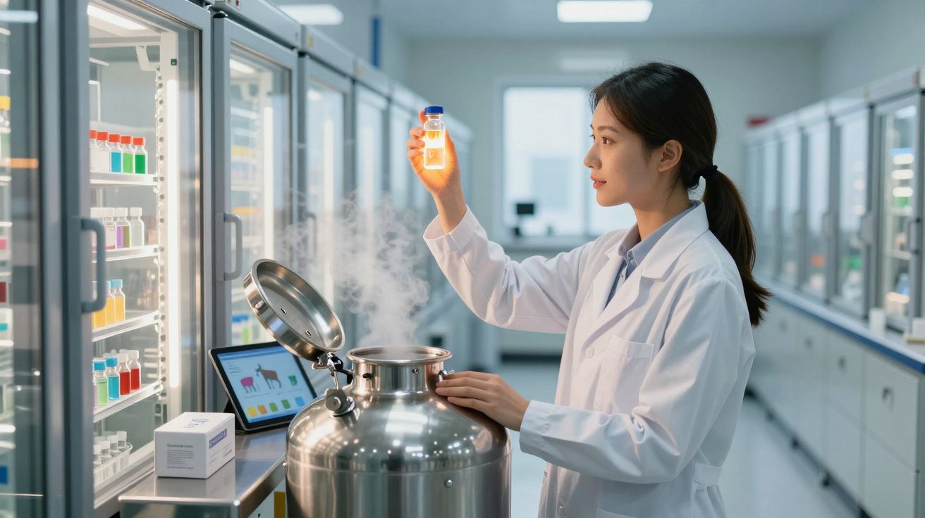 Mulher cientista em jaleco branco analisando amostra luminosa em laboratório moderno com equipamento avançado.