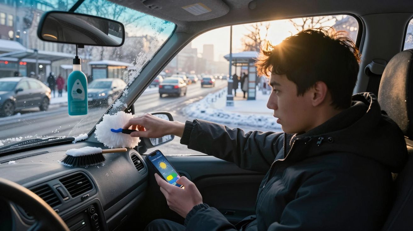 Homem limpando neve do para-brisa de um carro enquanto segura um celular, ao amanhecer na cidade fria.