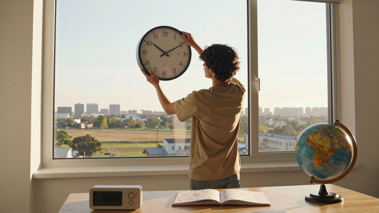 Pessoa ajustando relógio de parede em frente à janela, com globo terrestre e livro aberto na mesa.