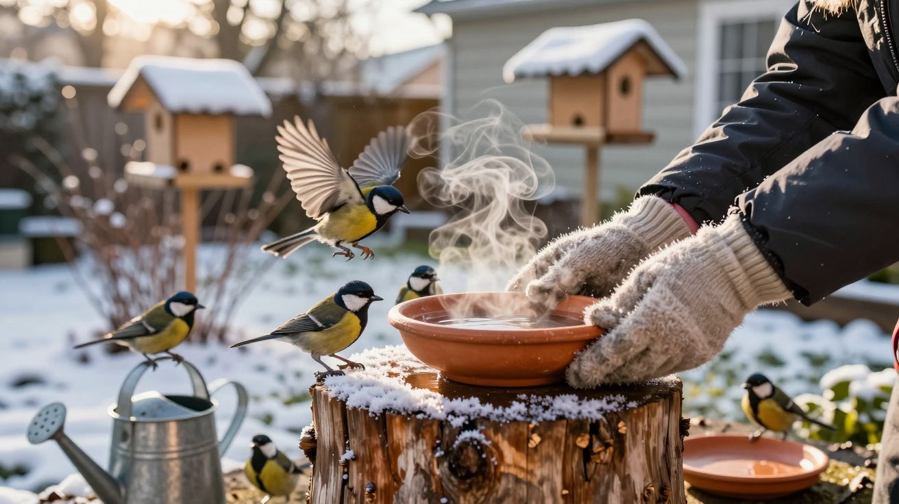 Pássaros pousam em tronco nevado enquanto mãos com luvas aproximam tigela fumegante em jardim no inverno.