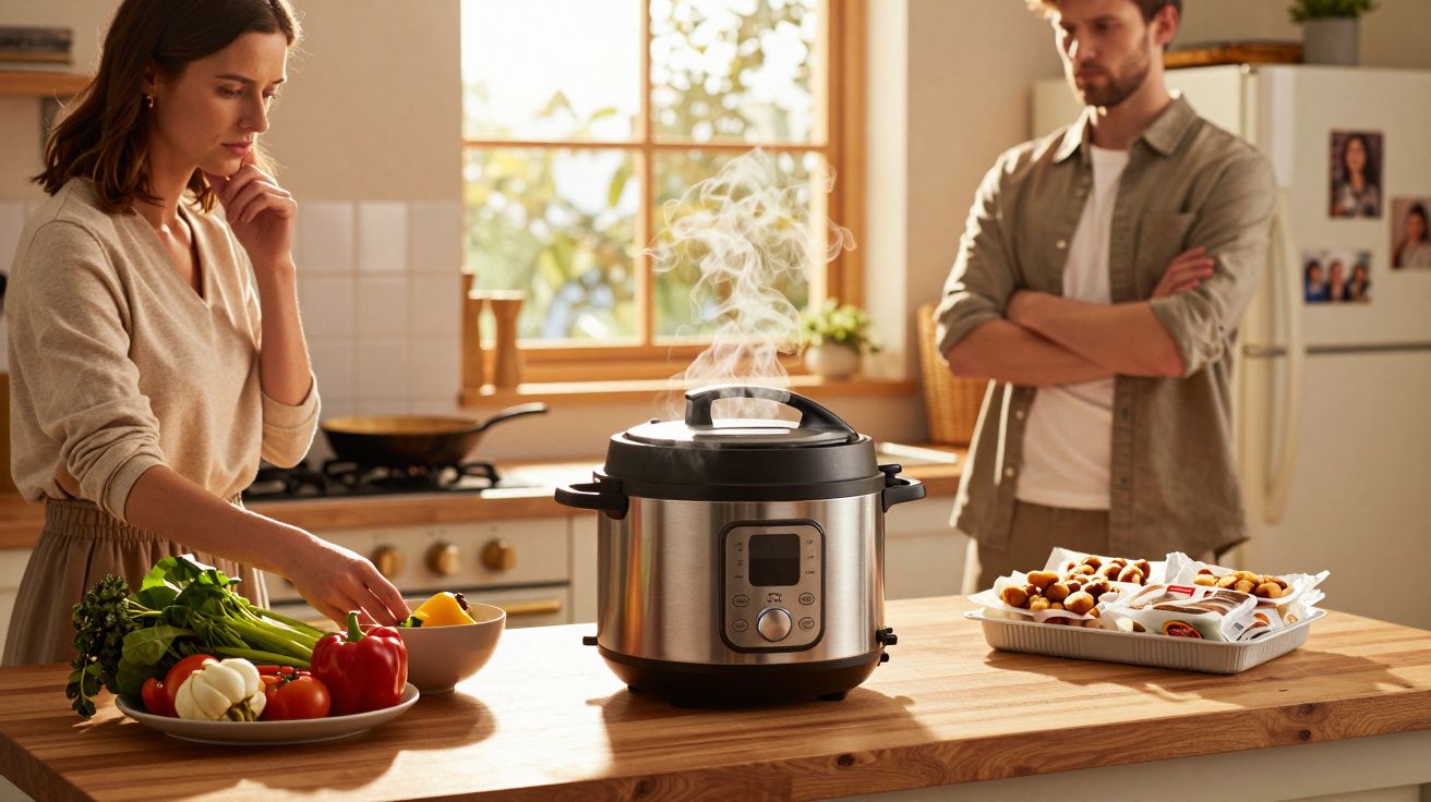 Mulher preparando alimentos na cozinha com panela elétrica fumegante e homem ao fundo observando.