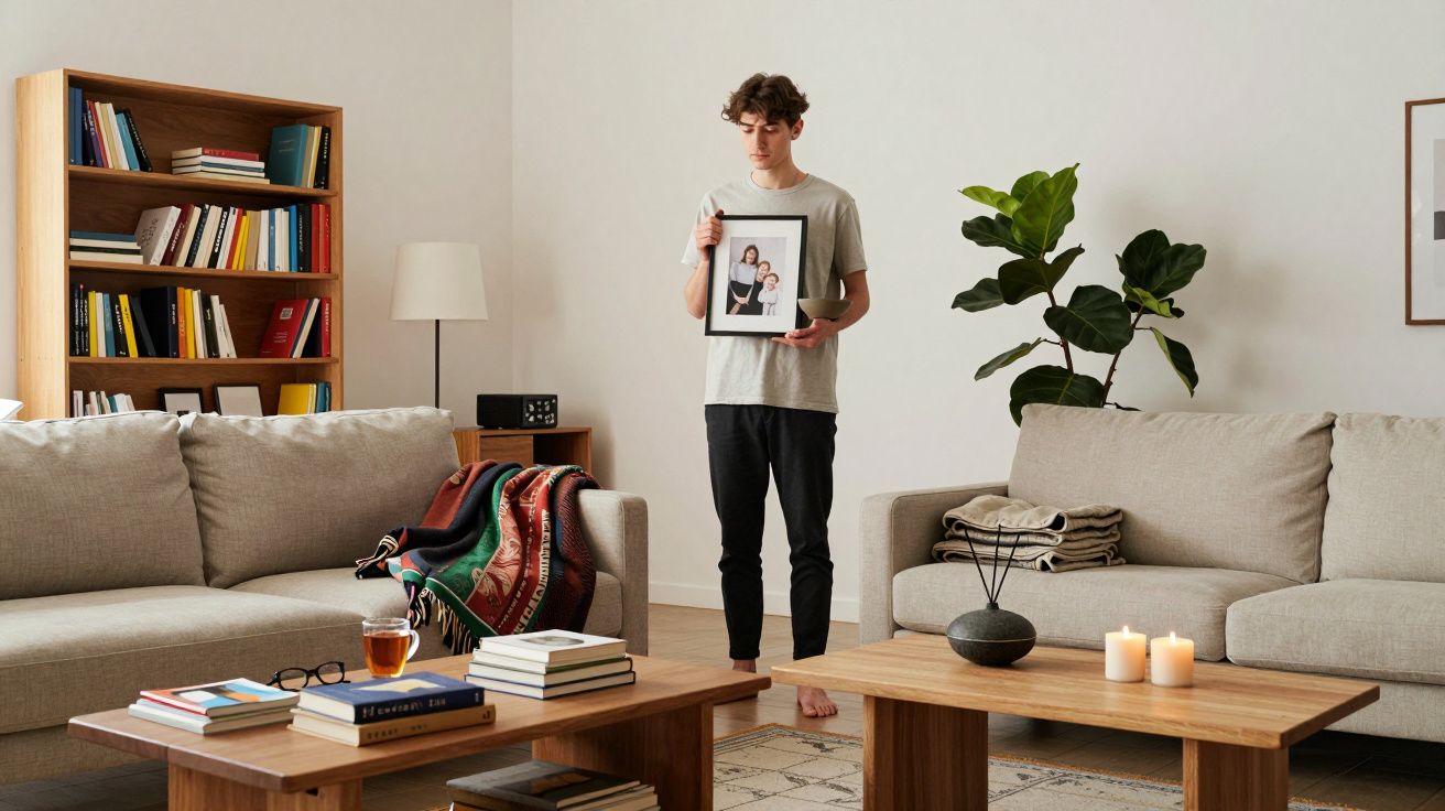 Jovem descalço segurando foto de família em sala com sofás, mesa de madeira, livros e planta.