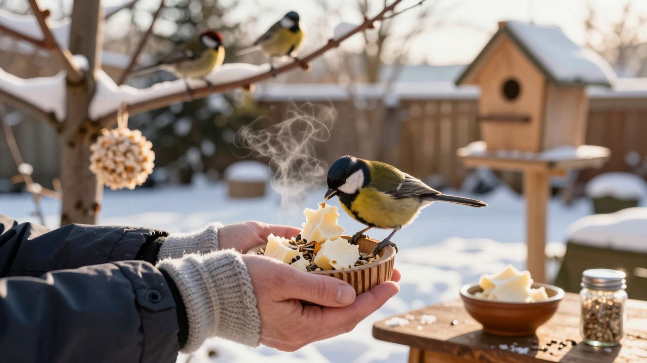 Mãos seguram alimento quente para pássaro pousado, com neve e casinha de passarinho ao fundo.
