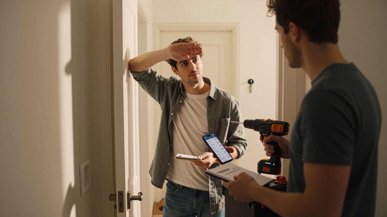 Dois homens conversando na porta de casa, um com prancheta e furadeira, outro segurando celular e toalha na testa.