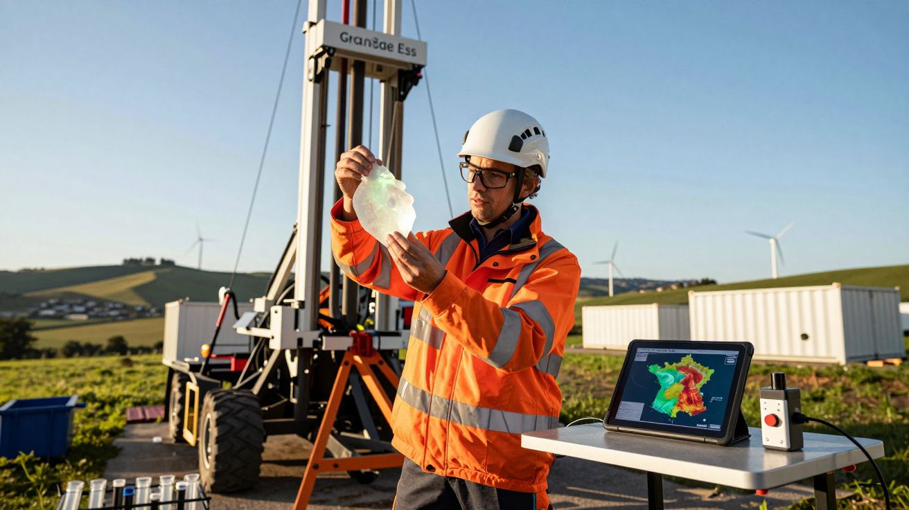 Engenheiro com capacete e jaqueta laranja analisa amostra de solo em campo com turbinas eólicas ao fundo.