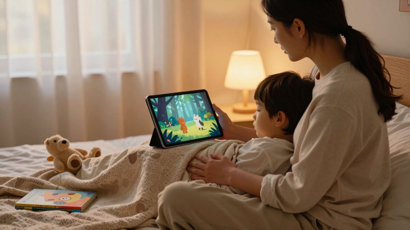 Mãe e filho assistindo a desenho animado em tablet enquanto estão na cama cobertos com um cobertor.