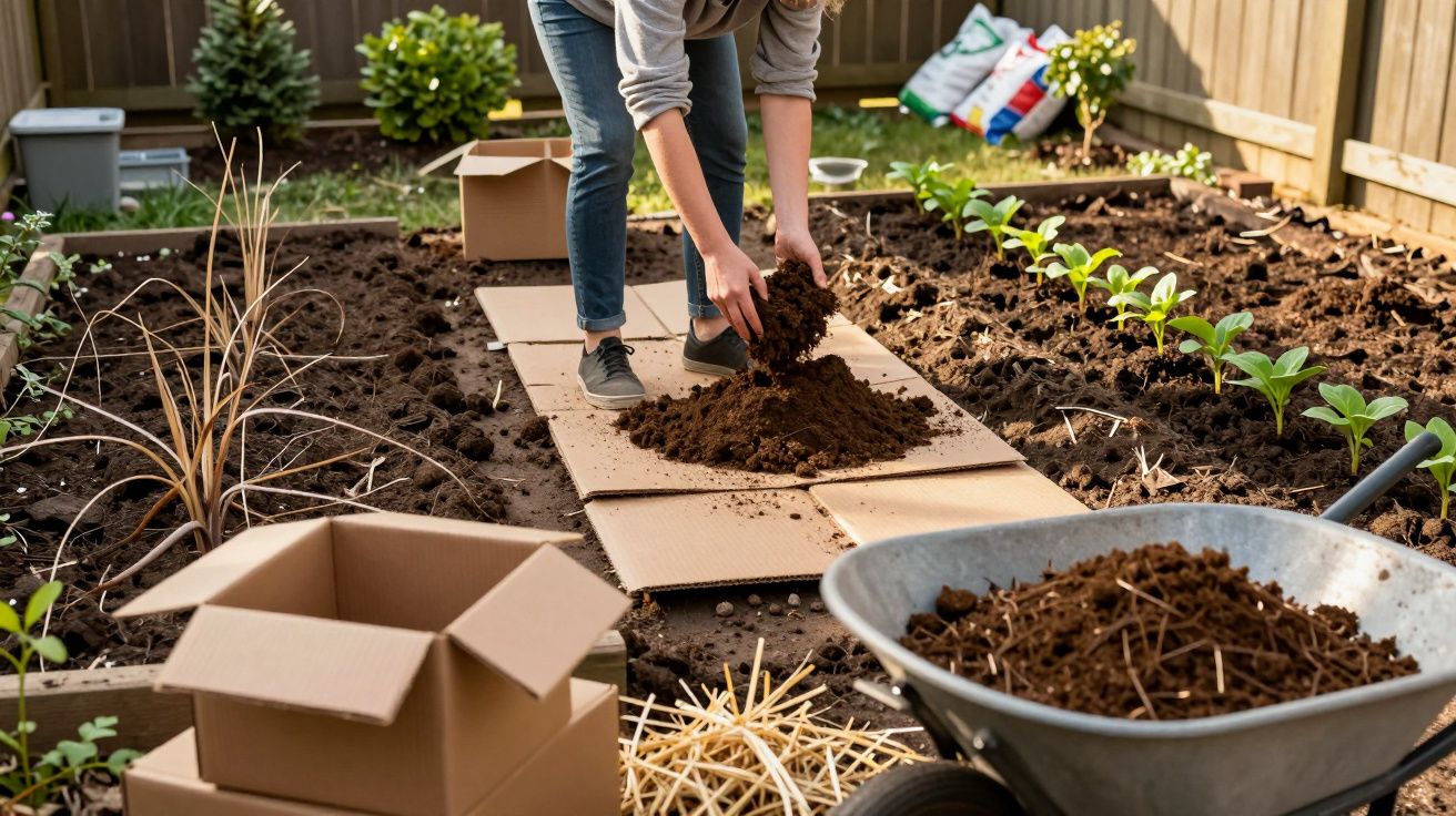 Pessoa trabalhando no jardim, preparando terra para plantio em um canteiro com mudas e caixas de papelão.
