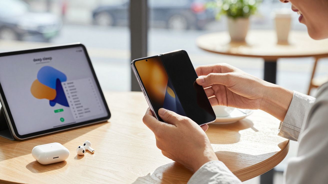 Pessoa segurando smartphone dobrável em mesa com tablet, fones de ouvido e xícara em ambiente iluminado natural.