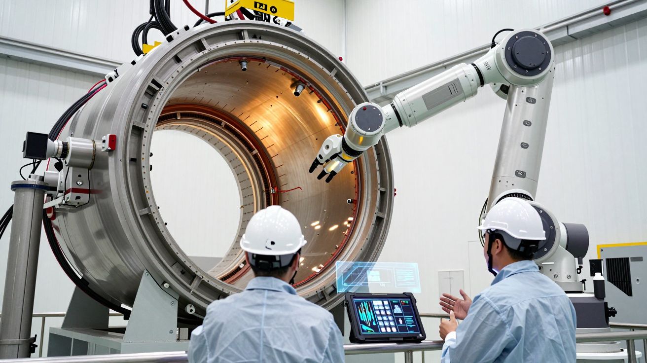 Dois técnicos com capacetes operam braço robótico em máquina industrial cilíndrica dentro de laboratório.