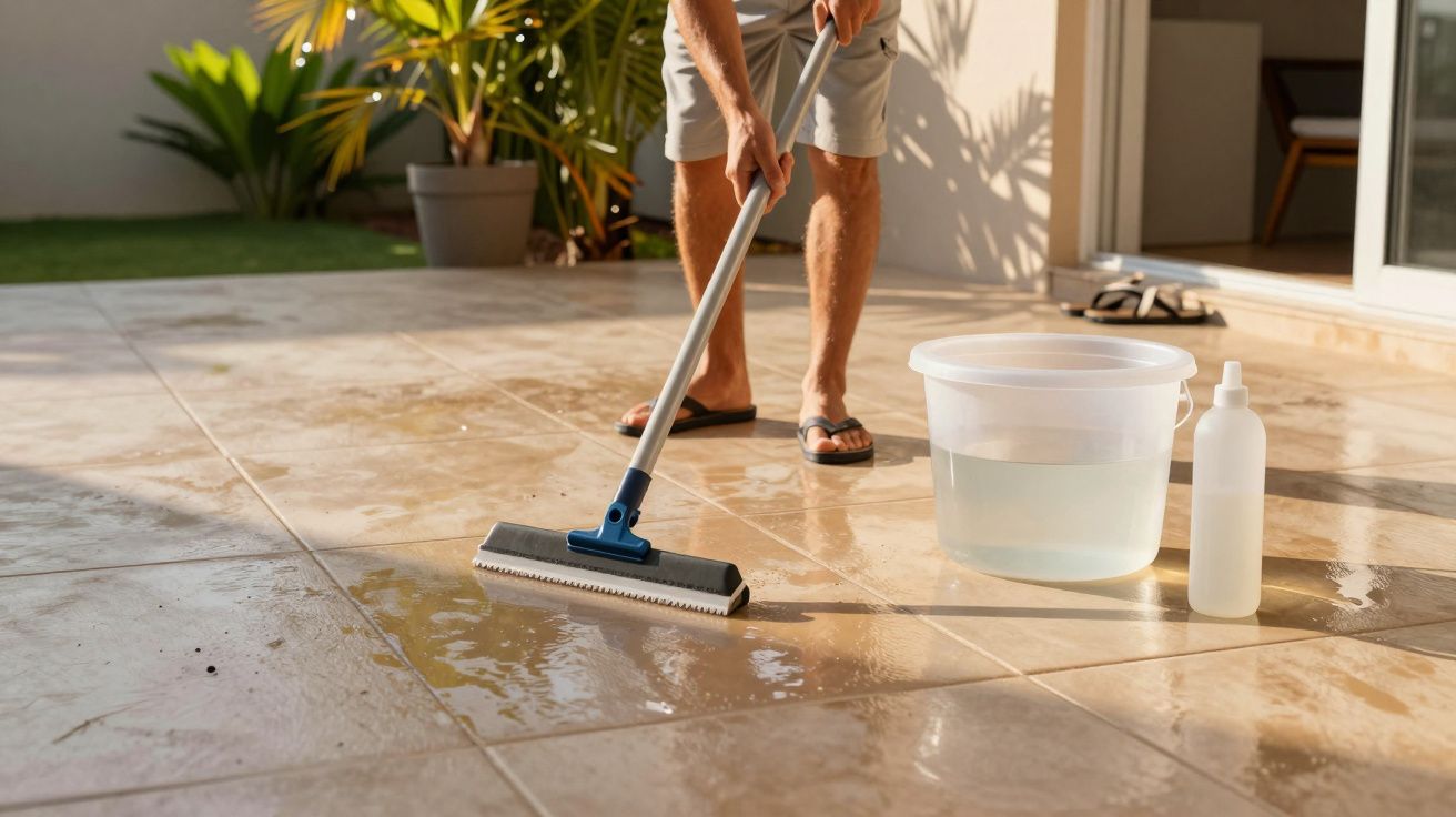Pessoa usando rodo para limpar piso molhado em área externa com balde e frasco ao lado.