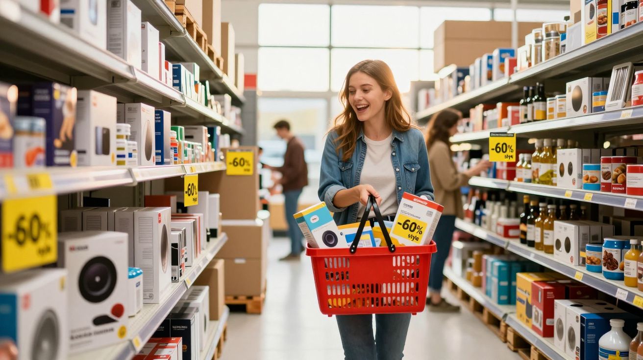Mulher sorridente segura cesta de compras em corredor de supermercado com descontos de 60% em produtos variados.